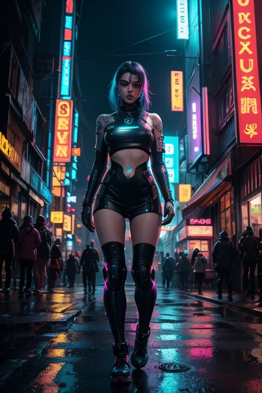 (cyberpunk city)(vaporwave 1.7)(photorealistic) A female cyborg dance in the rain, jaw-dropping beauty, xenosaga kosmos, cinematic cyberpunk neon city.
