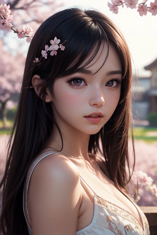 (A logo、masterpiece、8K、masutepiece、Raw photo、Fantastic、Best Quality、フォトリアリスティックでighly detailedな CG 統合 8k 壁紙、hightquality、ighly detailed、epic poem、Particle effect、Dynamic effects、depth of fields、Cinematic Light、Lens Flare、Ray tracing)、Fantasia、 (Beauty 1 person、doress、Dress、Cherry blossom pattern、A dark-haired、Beautiful face、Real Face、beautiful details eyes beautiful skin)、髪がthe windで踊る、Hair flutters in the wind、Hair jumps、Pink cherry blossom tree、Petals flutter、Sakura blizzard、Superb view、morning glow、Sun in the background、the wind、