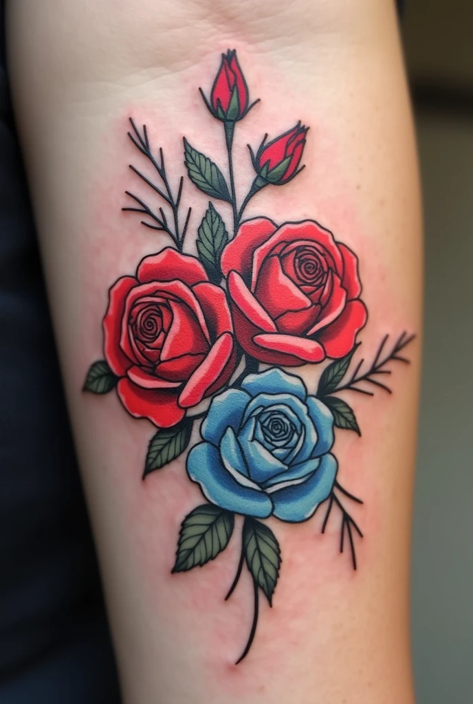 Feminine tattoo of a blue carnation and a red rose