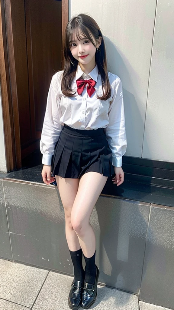 1 a thai cute girl about 30 year old,she get the wet white shirt, uniform university of thailand,mini black short skirt,mini earrings,mini necklace,she wearing red high heels,she sitting,a pigtails,big white ribbon on her hair.she had no make up on her face,she had small bag.