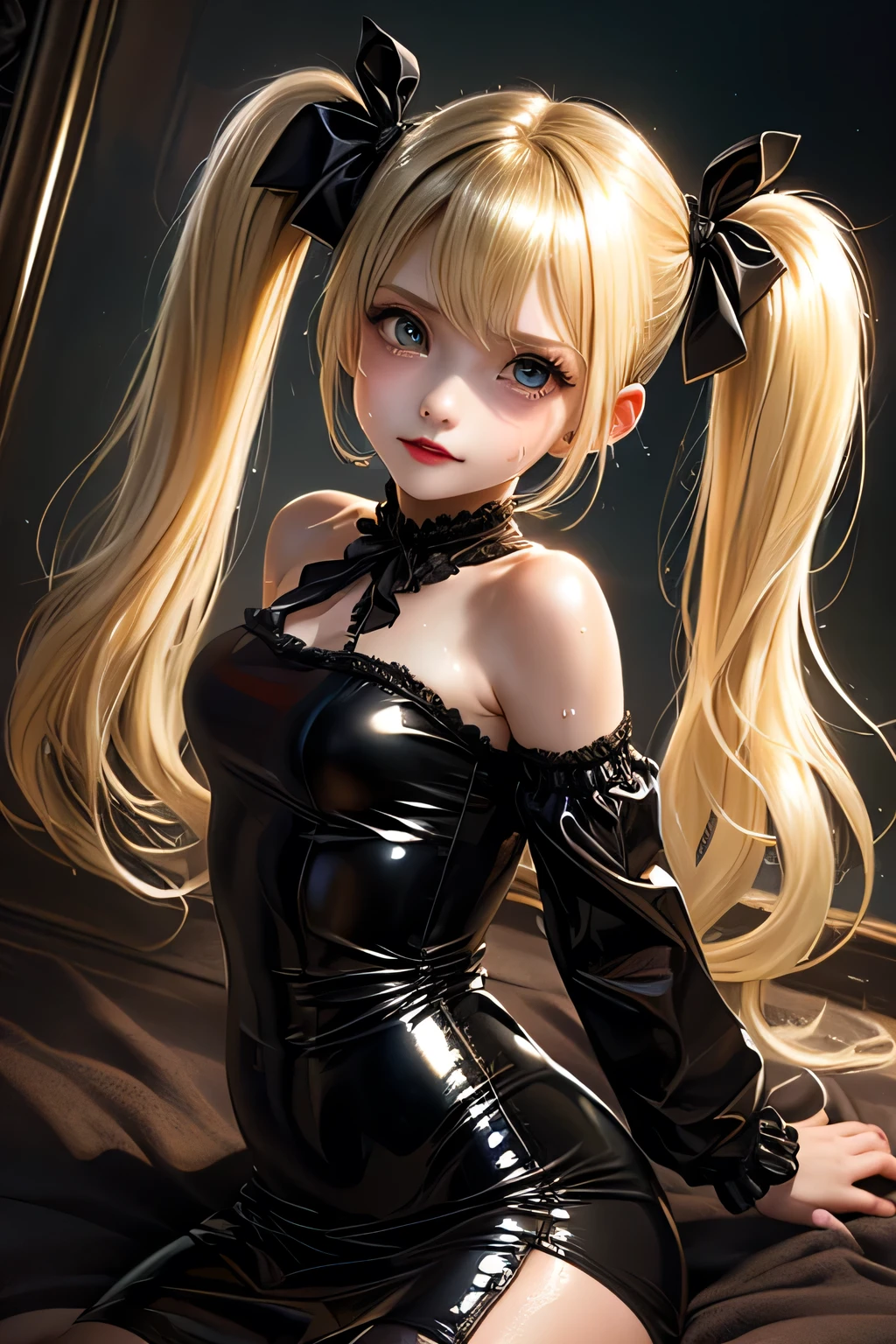 1girl, black_gloves, blonde_hair, blue_eyes, breasts, dress, fang, gloves, hair_ribbon, hat, holding, long_hair, open_mouth, pantyhose, ribbon, short_dress, sidelocks, sitting, skin_fang, small_breasts, solo, twintails, vial, white_legwear