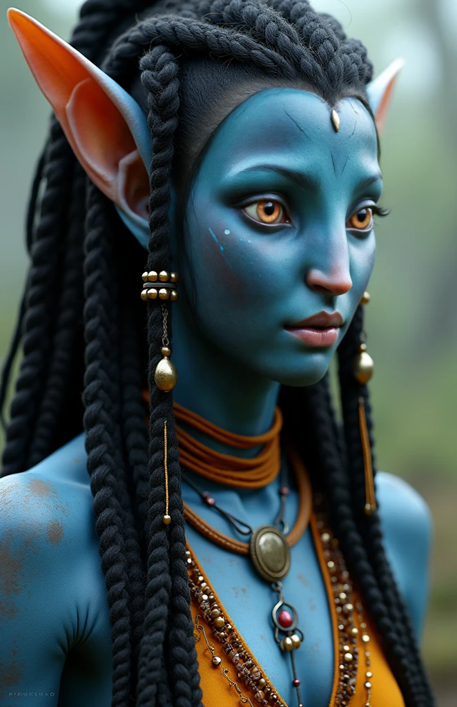 avtr:0.9, avatar style, portrait photo:1.6, 1girl:1, female, (african), turquoise skin color:1.0, (turquoise skin tone:1.3), (afro hair:1.0), black hair color, (fluffy hair), (teen), teenage, wearing tribal clothing, wearing a top:1, wearing a loincloth, detailed eyes, blue eyes, toned body, muscled body, glowing, ethereal atmosphere, natural lighting, textured skin, otherworldly beauty, mesmerizing photography, (best quality, highres), vivid colors, ultrarealistic, skin details, striped skin, sfw, face close-up, (eyebrowless:1.0), ultradetailed body