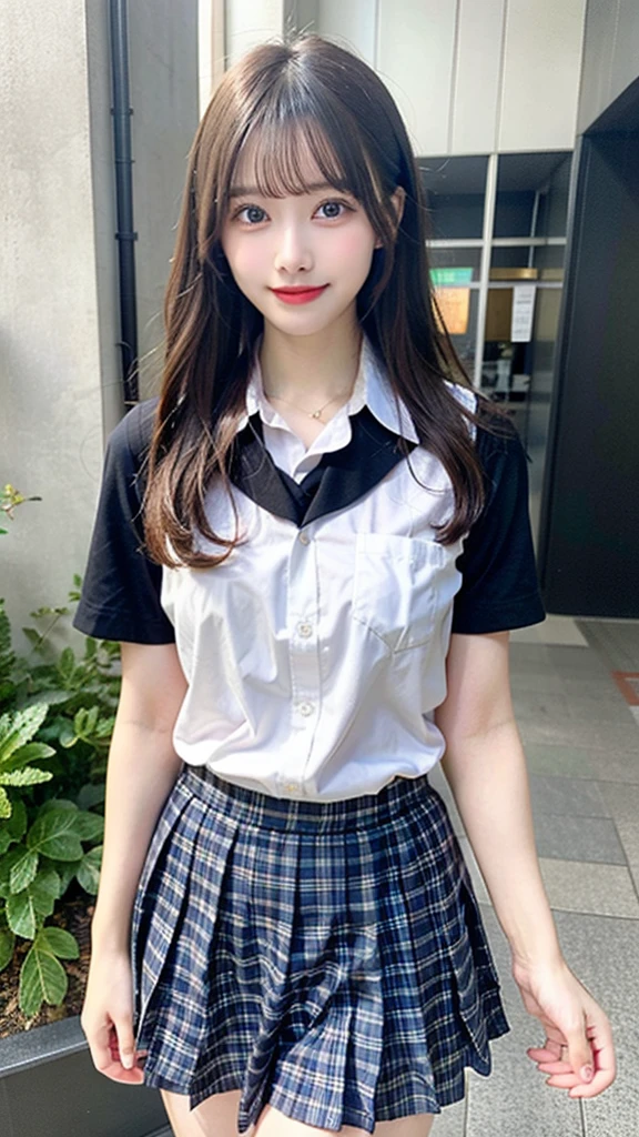 Brother　Checkered pleated skirt　mini　beautiful girl　semi-long　Black Hair　No correction　White cotton pants　Push down your pants and expose your private parts、Open with your fingers
