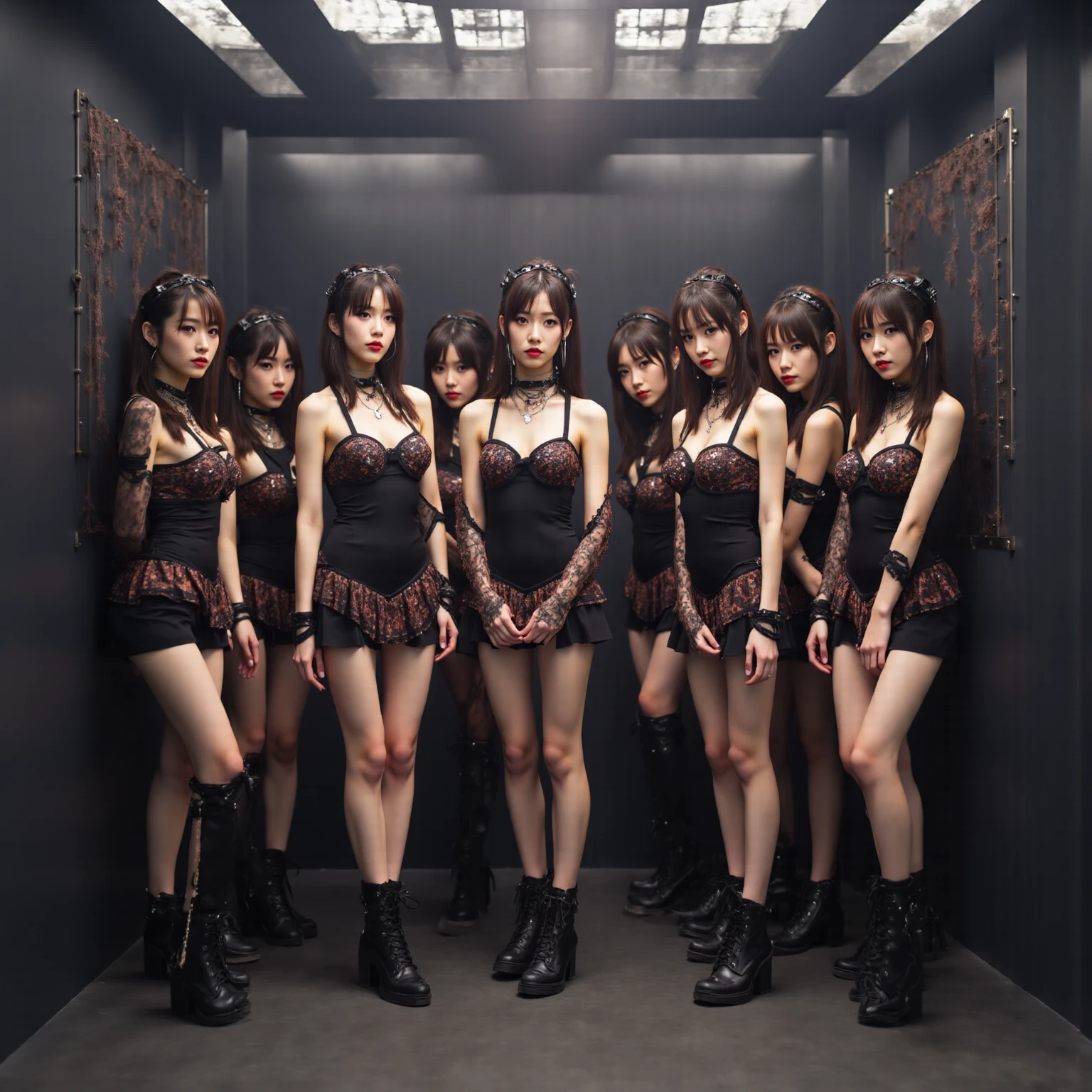 (White and vivid colors, Exposed:1.2, nipple:-0.9), (9 sexy junior idols in row), ((face variations, Hair variations)), { Navel | Ass }, portrayed in the best quality and high resolution. The image should be ultra-detailed, realistic, and photorealistic with a touch of rawness. concept art. The color tone should be vibrant and vivid, enhancing the overall visual impact. (Whole Body proportions and all limbs are anatomically accurate) .