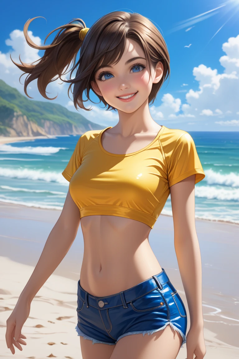 High resolution,
One beautiful young woman,
(soft saturation: 1.3), (fair skin: 1.2),
(ultra-detailed background, detailed background), bokeh,
Portrait of smiling girl breaking. When viewed from the front, the composition is symmetrical.
Look straight at you with serious eyes and break
yellow swimsuit, yellow bikini, middle breast,
outdoor, sea surface, sky, sunshine, summer beach, sand,
strong light, front light,
(Teenager: 1.3), (Cowboy Shot: 1.2), Break
angle from the front,
Look at the viewer,
Dynamic Pose,
Sitting on the beach
Wakame, wakame, wakame, wakame, wakame, wakame, wakame,