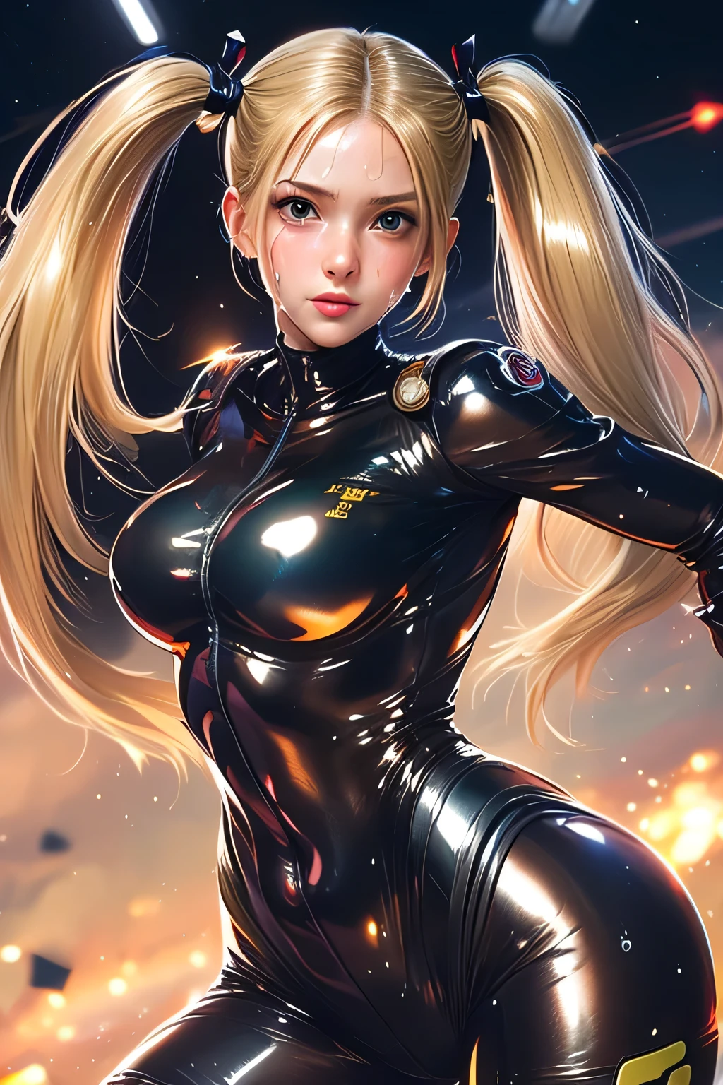 ((Best Quality, 8K, Masterpiece: 1.3)), Sharp Focus: 1.2, Beautiful Woman with Perfect Figure: 1.4, Slim Belly: 1.2, ((Layered Hairstyle, Room: 1.2)), (Rain, Street: 1.2), Wet Body: 1.1, Highly Detailed Face and Skin Texture, Fine Eyes, Double Eyelids, Cammy White, Street Fighter 6 Cammy white, (1girl), (left face scar), (28 years old, sexy mature), (vest line, slim waist, fitness figure), (blue jacket), (yoga pants), (hips), (big blue eyes, long eyelashes)), ((pout)), ((firm nose)), detailed face, best light, best shadow, edge lighting, dynamic action, clenched fists, streets of London bridge, daytime, ray tracing, Unreal Engine 5, game CG characters