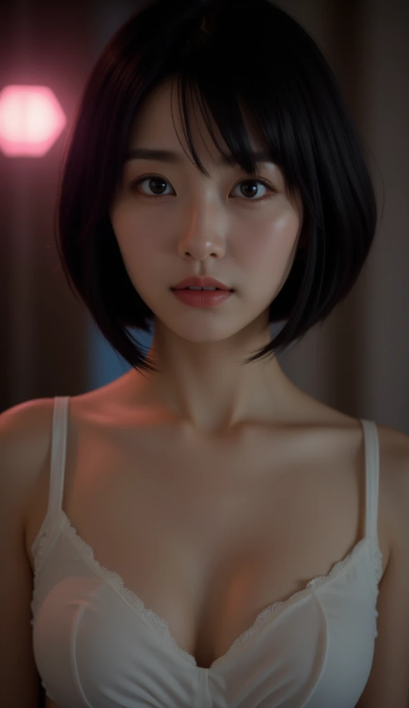 Highest Quality, ​masterpiece, unbelievably Beautiful, very delicate 8k wallpaper, Beautiful, ultra Detailed,  Transcendently Beautiful Girl, Japanese, Cute Girl, (???????:1.4) ,((sexy face:1.4)),  ((extreme close-up face:1,4)), (((looking down:1.6))),looking at viewer, ((viewer is looking up from directly below her)), ((From directly below)),((all fours)), Shy, Short hair, hair messy, Wavy Hair, Black hair, Brown eyes, dropping eyes, Beautiful breasts, Sweaters, {{ few freckle}}, chubby, 25 years old, Bedrooms, (dark light:1.4), dark illumination, inside in room, night room, ceiling, Plump lips, Detailed face, Detailed eyes , Detailed arms