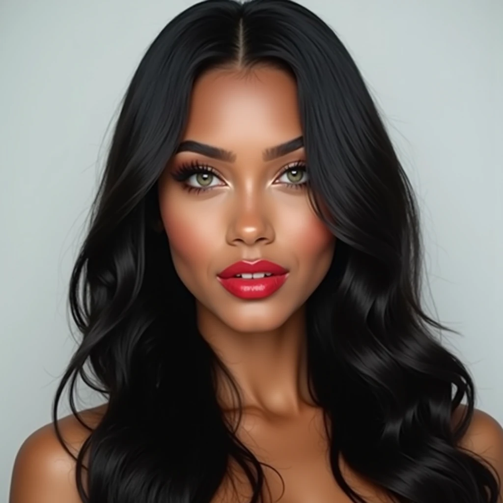 This woman is of average to tall height., with a slim and well proportioned figure. His skin is brown, with a warm and radiant tone that reflects health and vitality. His face is oval, with high and defined cheekbones, giving a marked and elegant structure to its expression. Her hair is jet black, straight and shiny, falling gently over your shoulders or styled in a sophisticated style, depending on the occasion. The eyes are large and expressive, with an almond shape that gives it an intense and penetrating look. The color of their eyes could vary between a deep brown or a lighter shade., but they always reflect great emotional depth. The eyebrows are well defined, slightly arched, framing her face precisely. Her nose is fine and well proportioned., adding finesse to your profile. The lips are full, with a well-defined shape that adds sensuality to its expression, often enhanced with a natural color or a classic red