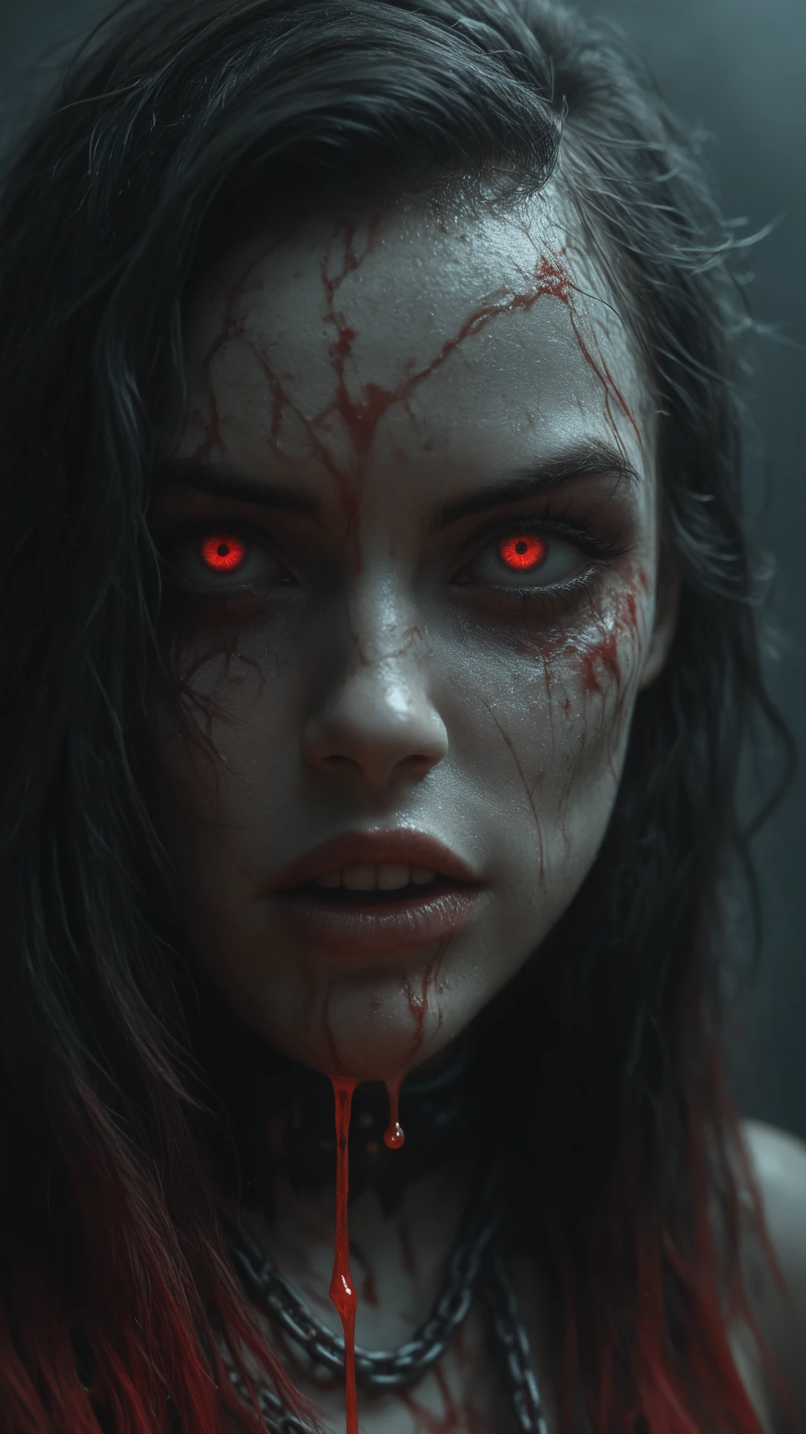 a terrifying mental image of a female figure of pure evil immersed in a hideous and hellish environment, obscure place coming from hell, dark ritual, appearance like a demon with sinister glowing eyes that evoke instant terror, evil beast, fiend, demon, abyss, infernal, nether, damnation, hellish attire that exude an evil glowing aura, flesh, blood, environment around as a hellscape, distorted shadows, agonizing, obscure, terrifying nightmare, horror, demonic presence, gore, grume, slaughter, carnage, butchery, highest quality, 4k, best composition, depth of field, bloom, lens 1.8, 25 mm, masterpiece