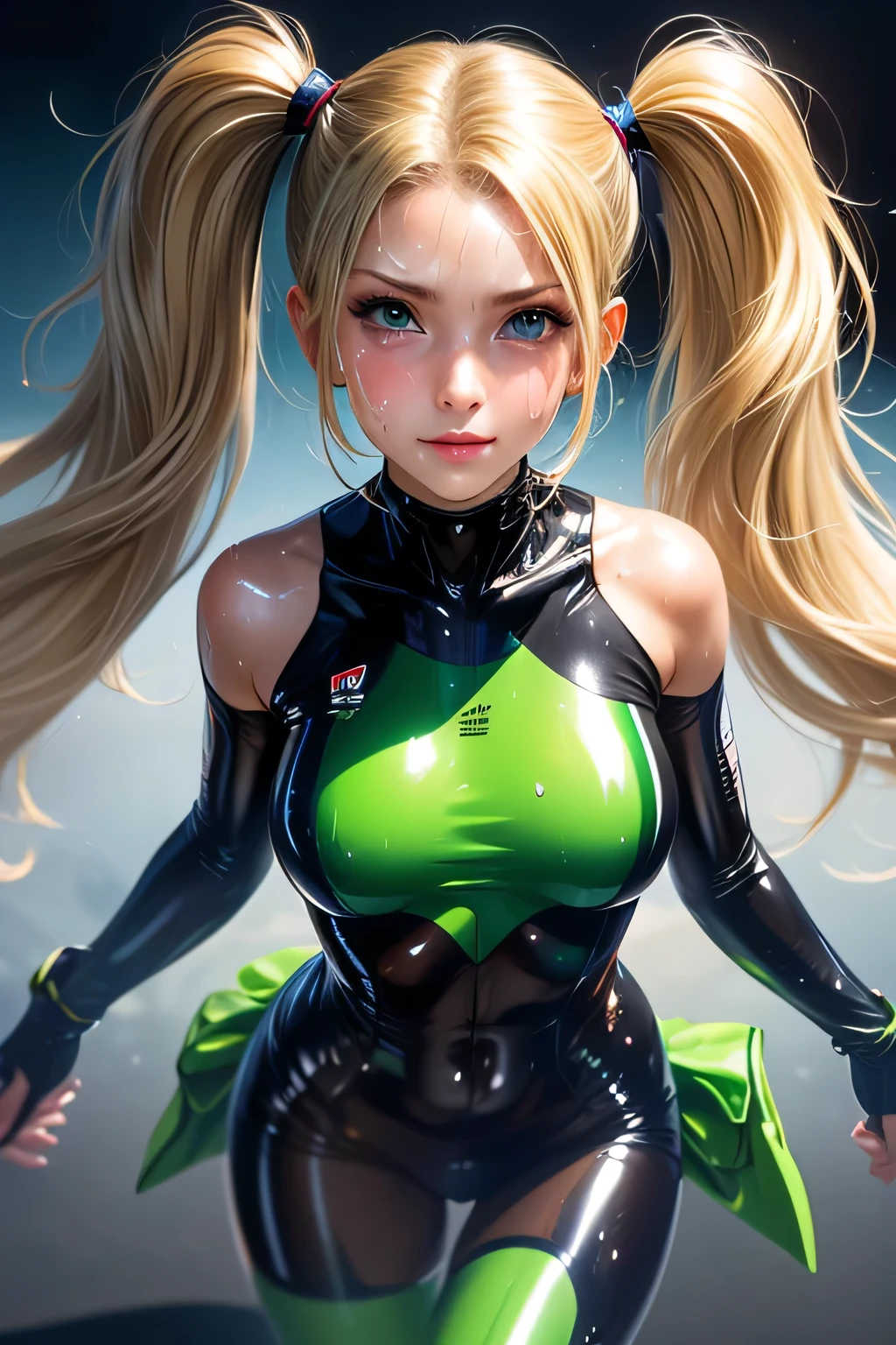 ((masterpiece, best quality, ultra-detailed, high resolution, extremely detailed CG, super detailed, Most beautiful clean lighting)), 1 girl, give a faint smile, Half Japanese, Multiple long drill hair, Large amount of hair, curly hair in vertical rolls, shiny blonde Long hair, Beautiful blue eyes, Elegant, Not tall, slim body, slender hips, Beautiful lady, huge breasts, Race queens, car racetracks, racing cars, black and green swimsuit-like racing suits,