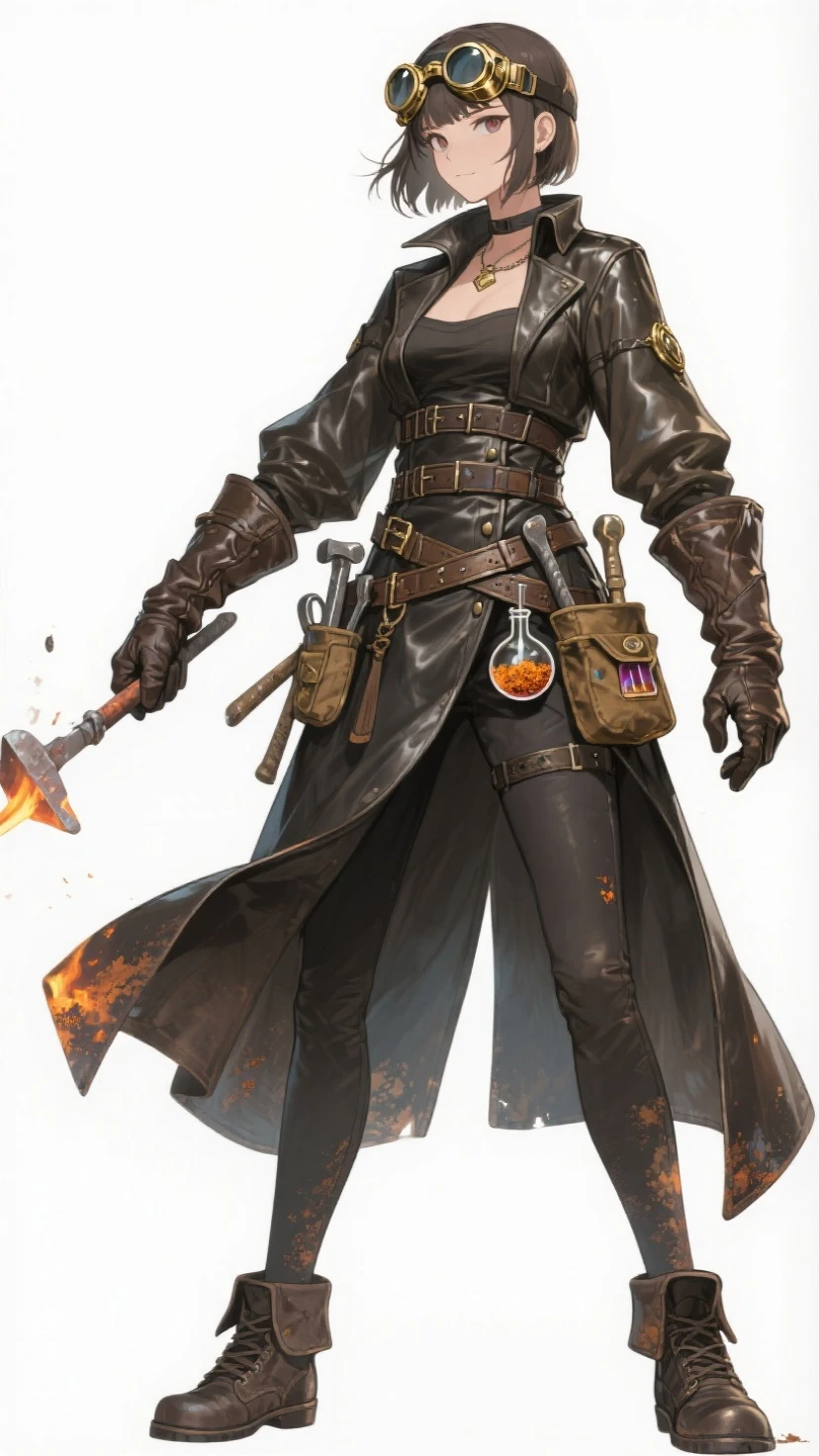 robot girl with a mechanical body, big knockers, yellow bright eyes, and a white bob haircut covered by a black gas mask. She is standing solo, full body, with hands on hips, feet together, viewed from below. Features a leather choker, big belt, bracers, and a tiara.
