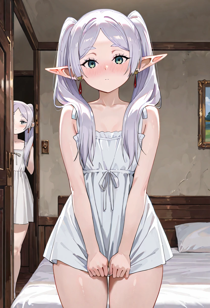 score_9, score_8_up, score_7_up, peeking trough doorway, door cracked open, 1girl, (small breast: 1.8, perky tits:1.9), standing in doorway, shy expression, extreme detail, looking at viewer, frierenpajama, elf, white dress, collarbone