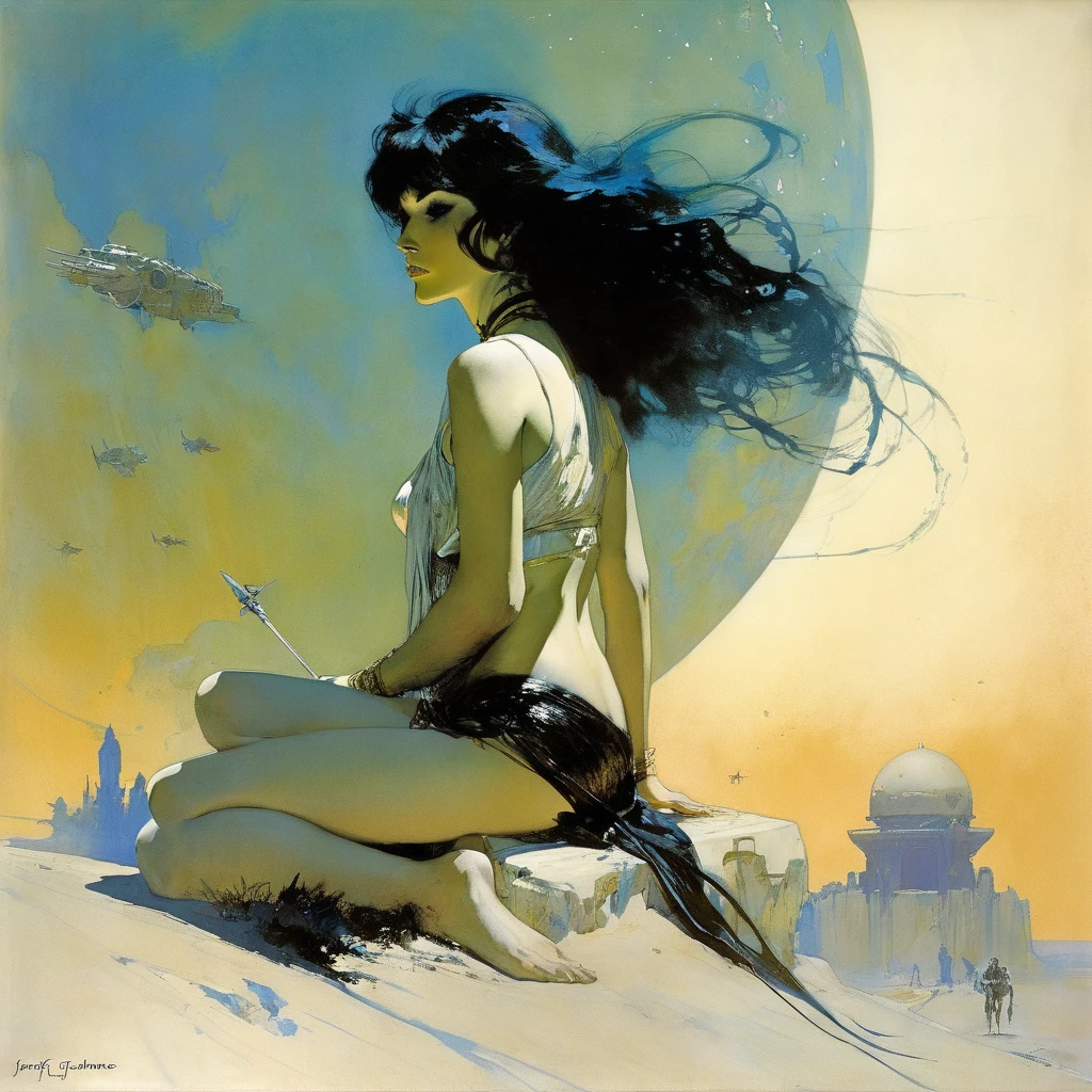 desert, cliffs, blue sky, fairy woman, Frank Frazetta style