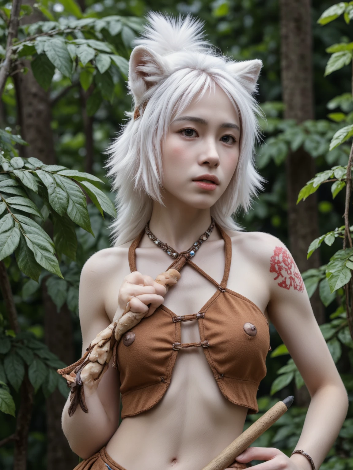 8k, RAW photo, fujifilm, stylish photo of a ninja like Avril in a dark forest (Very detailed skin: 1.2) Short hair Style-Petal BREAK, gray hair with colored locks, wearing a ninja costume, film granulation, 35mm, cute style