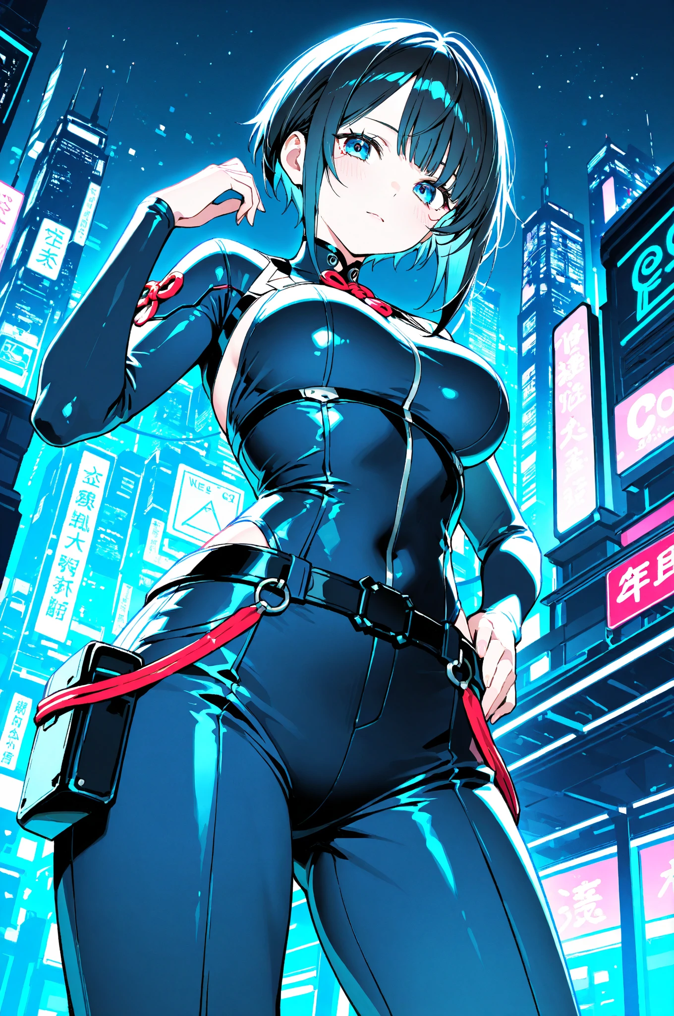 cute cyborg girl,cyberpunk,cyborg suit with blue neon highlight,old hongkong city,short hair,blue eyes,with long swoad