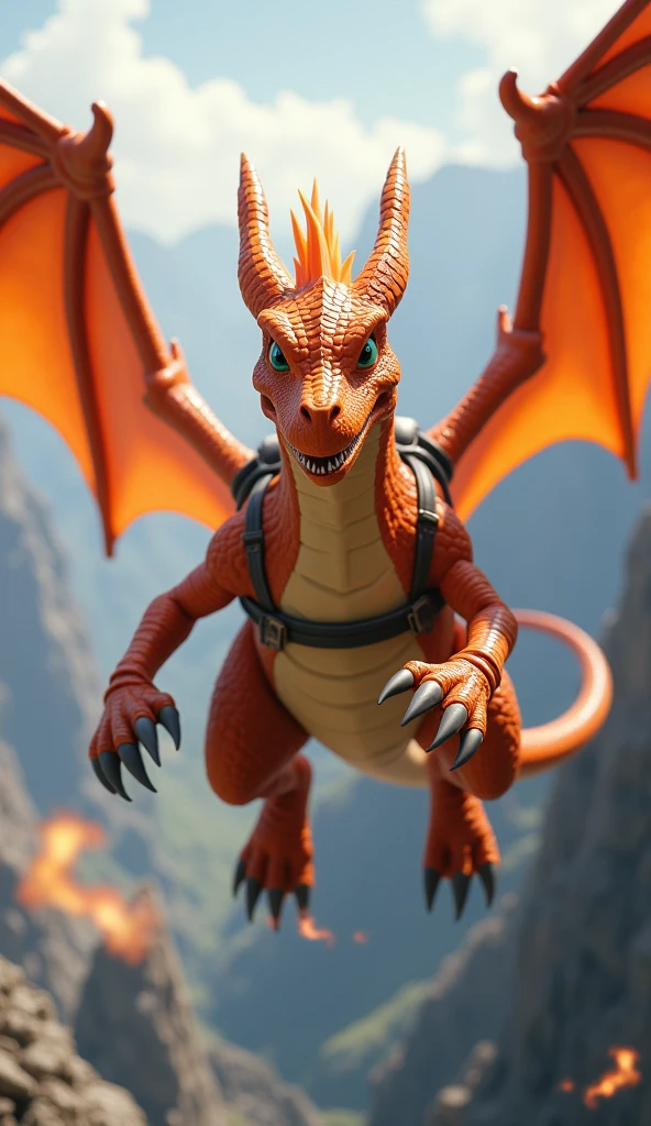 a close up of a cartoon dragon with a red and blue tail, a screenshot inspired by Pinchus Kremegne, tumblr, hurufiyya, similar to pokemon, dra the dragon, a red dragon, guggimon, new pokemon, fire type, style of pokemon, but as an anthropomorphic dragon, roshan, legendary dragon