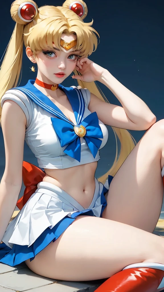 Beautiful girl、Sailor Moon, Beautiful Blue Eyes、Whole Body Ezbian、White panties、Blonde hair that is almost yellow、Beautiful blonde long hair, A cute 19 year old face、Christ pose with arms horizontal、Crucifixion、choker, White gloves, Blue Skirt、Thighs、Big Breasts、Large Breasts、Big Hips、Beautiful feet、Big red ribbon on chest、Defeated Heroine、Tattered and torn clothes、Underwear exposed、Skirt fluttering in the wind。rubble、Destroyed city、inflammation、
