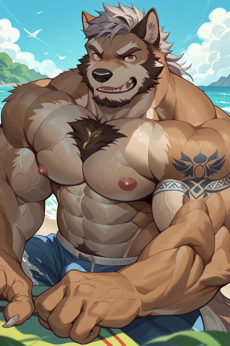A downwards angle of a muscular furry man showing off his huge erection in his underwear.