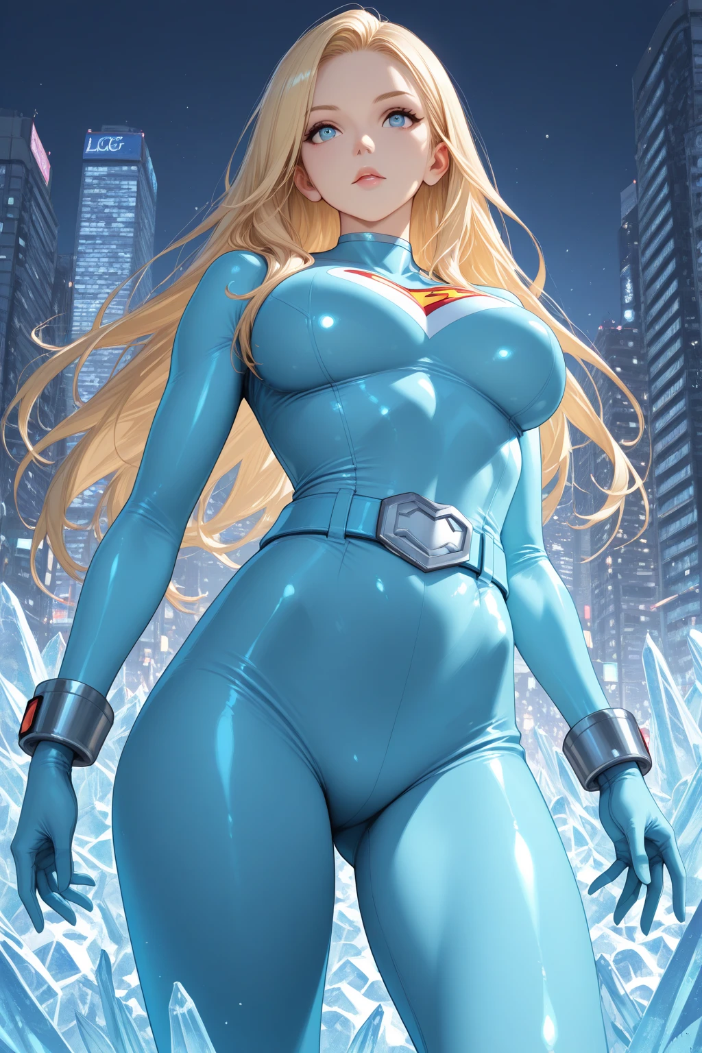 1 girl, solo, Big round breasts, curvy hips, hourglass waist, realistic, blonde hair, green and blue eyes, amazing big eyes, eye details, eyebrow details, big lips, blush, confident, dominant,, HD, good quality, crop top, shorts latex