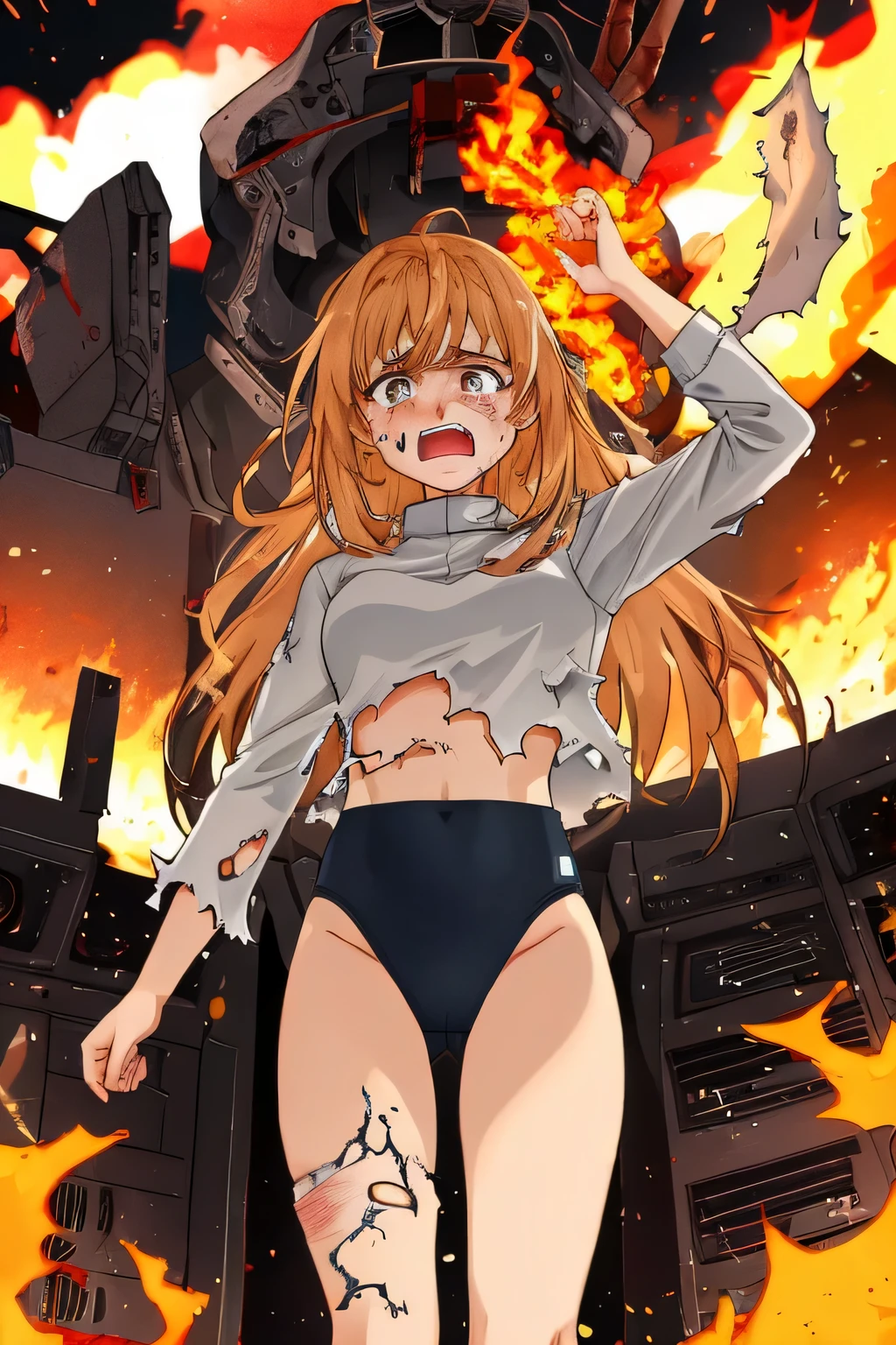 cockpit_explosion, fire, electricity, screaming, explosion, science fiction, wide-eyed, tearing clothes, standing, blood, scared, sweat, crying, mecha, torn clothes, tears, cockpit,1girl、wearing black gymnastics bloomers,high leg,white blouse,cowboy shot,self wedgie,bloomers pull myself,後ろに寄りかかる、体を反らせる、後ろに反らせる、串刺し、体を後ろに反らせる、エビ反り,爆風、衝撃、破壊、吹き飛ぶ、消滅、焼き尽くされる