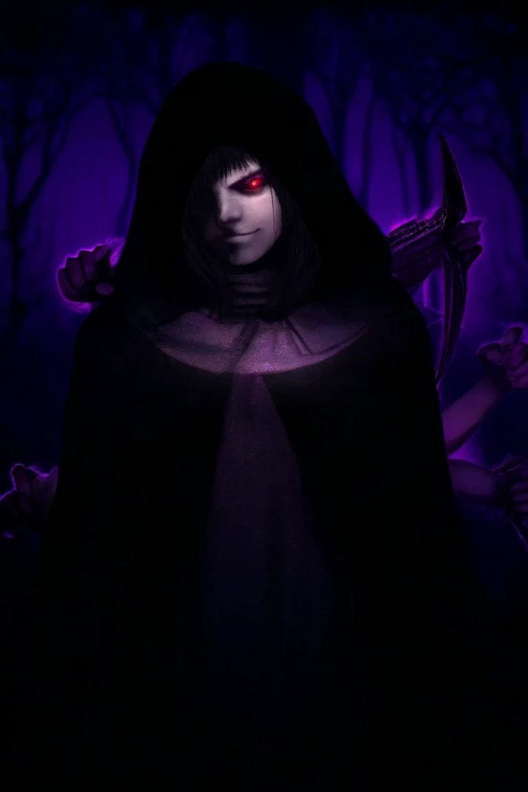 (((darkest dungeon style))), demon girl, ((dark purple skin)), dark deep purple skin, purple skin, ((holds a bouquet)), dark hair, messy hair, only cloak, ((less clothes)), open hips, open belly, very dark background, (dark lighting), many shadows, cold lights