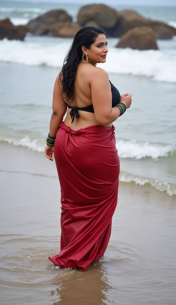 ravishing sexy curvy chubby tall supermodel Rambha wearing saree Sea Beach background 