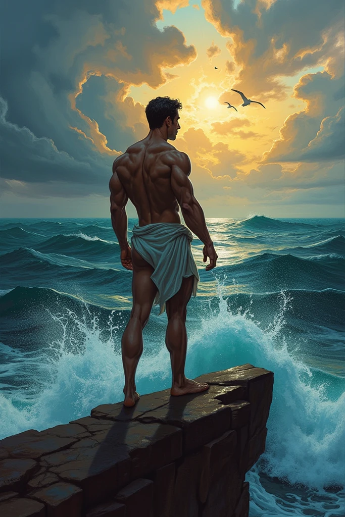 fullbody, wide shot view, oil painting+realism+jc_leyendecker+rembrandt, full body, masculine, strong, youthful, young italian man, defined muscles, calisthenic swimmer, cinnamon skin, green eyes, wavy brown hair, straight nose, oval face, square jaw, thin lips, perfect smile, perfect anatomy wearing a blue silk loincloth, On the bow of the ship commanding the ship, intense hard cold colors golden hour, dramatic, energetic, vivas, determinado, audaz, valiente