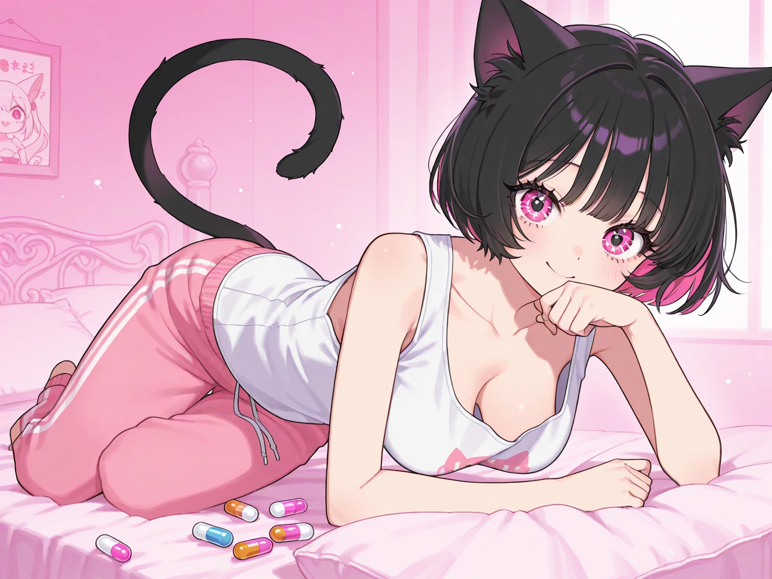 Beautiful, Cat girl, sexually aroused, short Hair, black Hair, pink Eyes, CATS EARS, CATS TAILS, looking at viewer, on bed, glowing, naked, showing tits, 15 years old, small tits