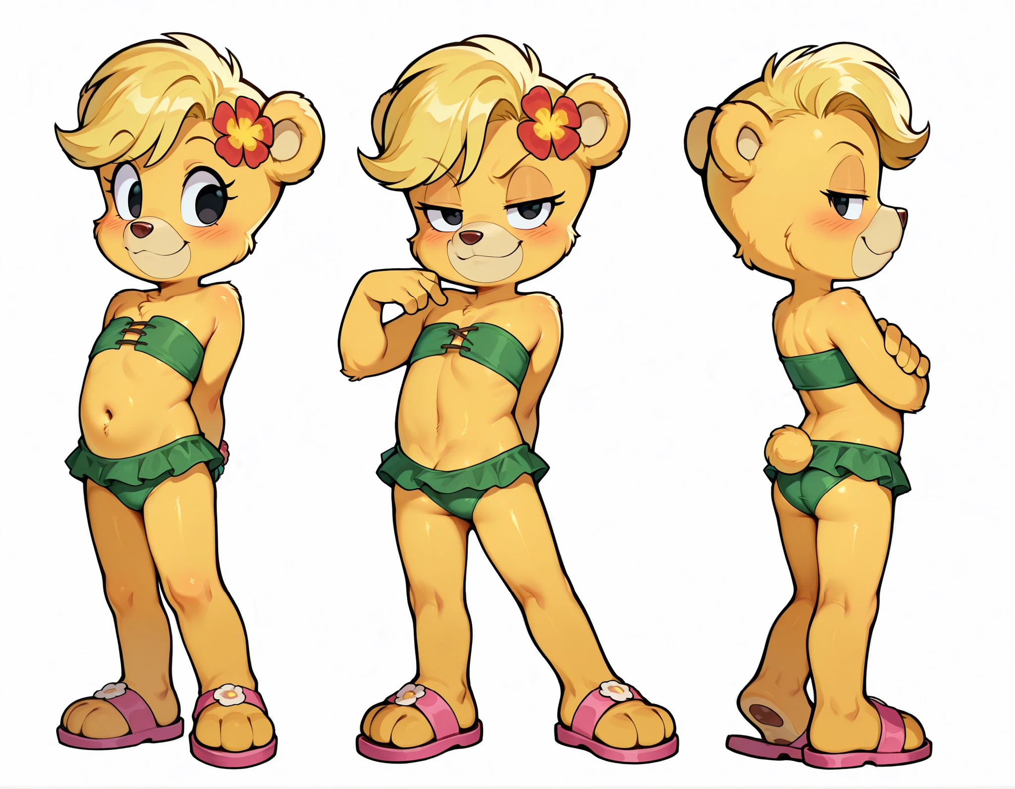 score_9, score_8_up, score_7_up, (masterpiece, best quality, very aesthetic, absurdres, source furry, shaded, 1girl, bear, furry female, Sunni Gummi, young, black eyes, smile, blush, blonde hair, messy bangs, bear features, bear ears, bear tail, yellow body fur, red animal nose, ((flower on hair, green bundeau strapless frilly bikini, sandals)), white background, simple background, sassy face, anime style, glistering body, navel, shiny body, oily skin, sexy, adorable, skinny, narrowed eyes, (very skinny:1.0), (Small, Short:1.1), (young cub:1.2), full body, feets with three toes, presenting front, epic portrait, :3, ((no niples)), angry, smile, standing, character ref, multiple views, frontal view, side view, back view, diva pose, sassy, sensual,