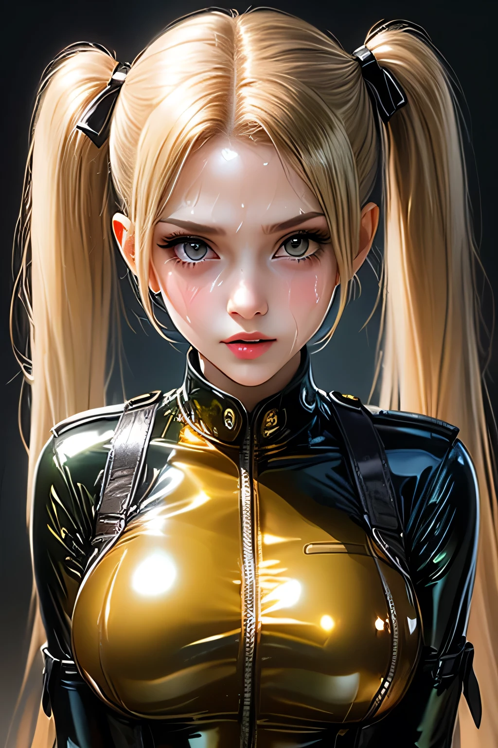 (Graffiti paint splashes, blonde hair)，colorful nipples，The color of the glow，lamplight，the girl，Look at the camera，Slim thick curvy Girl，tank torn skinny jeans, tattoo sleeves and piercings，accentuated super huge enormously gigantic tits,  Cleavage showing,  sexy seductive slutty pose,  full body portrait,  Against the wall，big round eyes，Cutes，