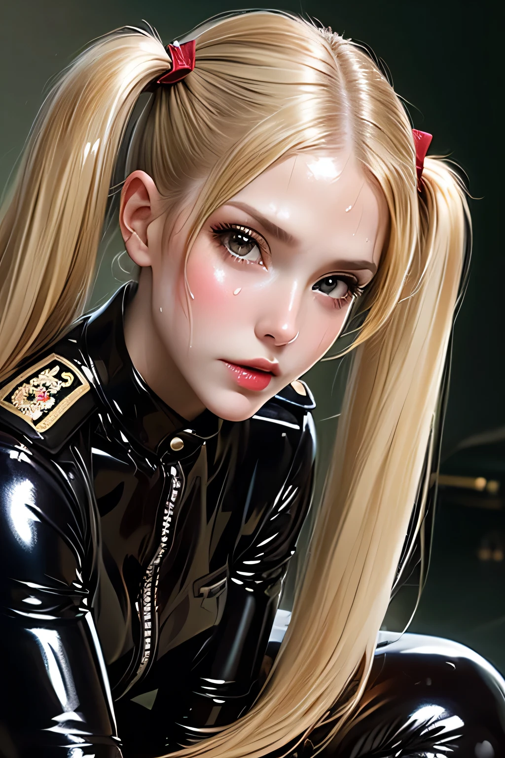 NSFW, headpat ,1girl, 1man, hand on another's head, pov, high angle view, ahegao face, rolling her eyes,(masterpiece, best quality, photo realistic:1.4), (shiny skin), (UHD, 8K wallpaper, High resolution), Perfect anatomy, Cinematic lighting, physically-based rendering, award-winning, extremely detailed skin, extra detailed face, eyes with beautiful details, cammy white kneeling, green leotard, pigtails, red beret, scar on cheek, piercing blue eyes, blonde hair, (a man standing in front of a kneeling woman, grabbing her head)(girl kneeling in front of a man:1.3), (woman tilting her head up), (1girl: noseblush and naughty, eyelushing, in the office, (1man: a handsome man and wearing recruit suit, holding her head), shot from diagonally forward, shot from above, head grab, (scared:1.6)