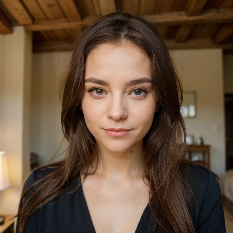 Instagram Photo, Photo de visage en gros plan de 23 Y.o Chloe in a black sweater, Fission, pale skinned, (sourire:0.4), Ombres dures, Best quality, tmasterpiece, ultra-high-resolution, (Fotorealistisch:1.4), RAW Photo, 1filles, ((Chemise de nuit en dentelle noire)), ((grande poitrine)), cold light