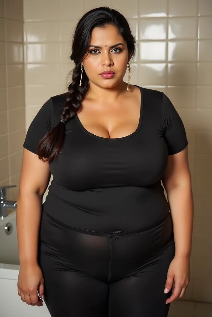 Generate a cartoon-style image set in a kitchen. In the scene, depict a chubby woman wearing casual clothing, specifically shorts and a t-shirt, as she performs a kitchen task, like cooking or preparing a meal. Nearby, show a men wrapped in a bathing towel, looking at the woman with curiosity or interest. The kitchen should be detailed, with typical