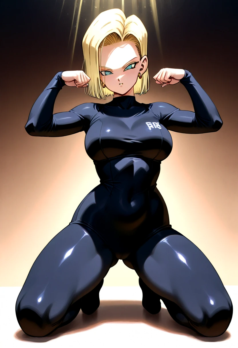 Highest quality, High resolution, And 18, 1 Girl, Android 18, alone, Blonde, blue eyes, short hair,Earrings,Big Breasts, Frowning,Embarrassed face, Sweat,1 Girl, Black tight suit,Hands on hips,View your viewers,