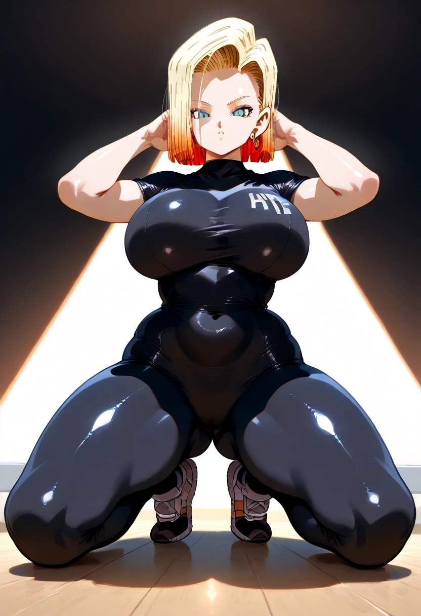 1 girl, collar, Athletic body, wet pussy, curvy, huge breasts breasts, naked, random eye colour, blonde hair, short-long hair, flushed face, emberassed, full body, legs apart, knees apart, squatting, both hands behind her head, feets completely on the ground, fully naked, arms behind her back, random place, massive tits, H-Cup breasts