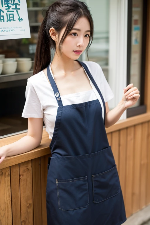 20 years old girl (Japanese cute face) is wearing mini skirt and white apron and working at the cafe with sunflowers