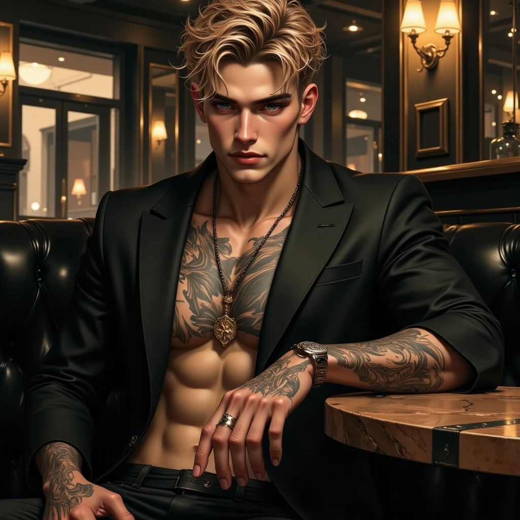 A handsome young man with white skin, tall, blond hair, green eyes, a sexy, muscular body with tattoos and piercings, sitting in an armchair