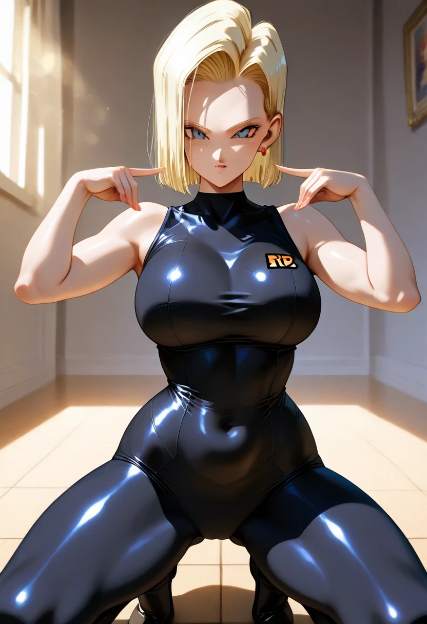 highest quality, High resolution, AND18, 1 girl, android 18, alone, golden hair, blue eyes, short hair,earrings,big breasts, frown,troubled face, Sweat,1 girl, Black tight suit, streak,crawl on all fours