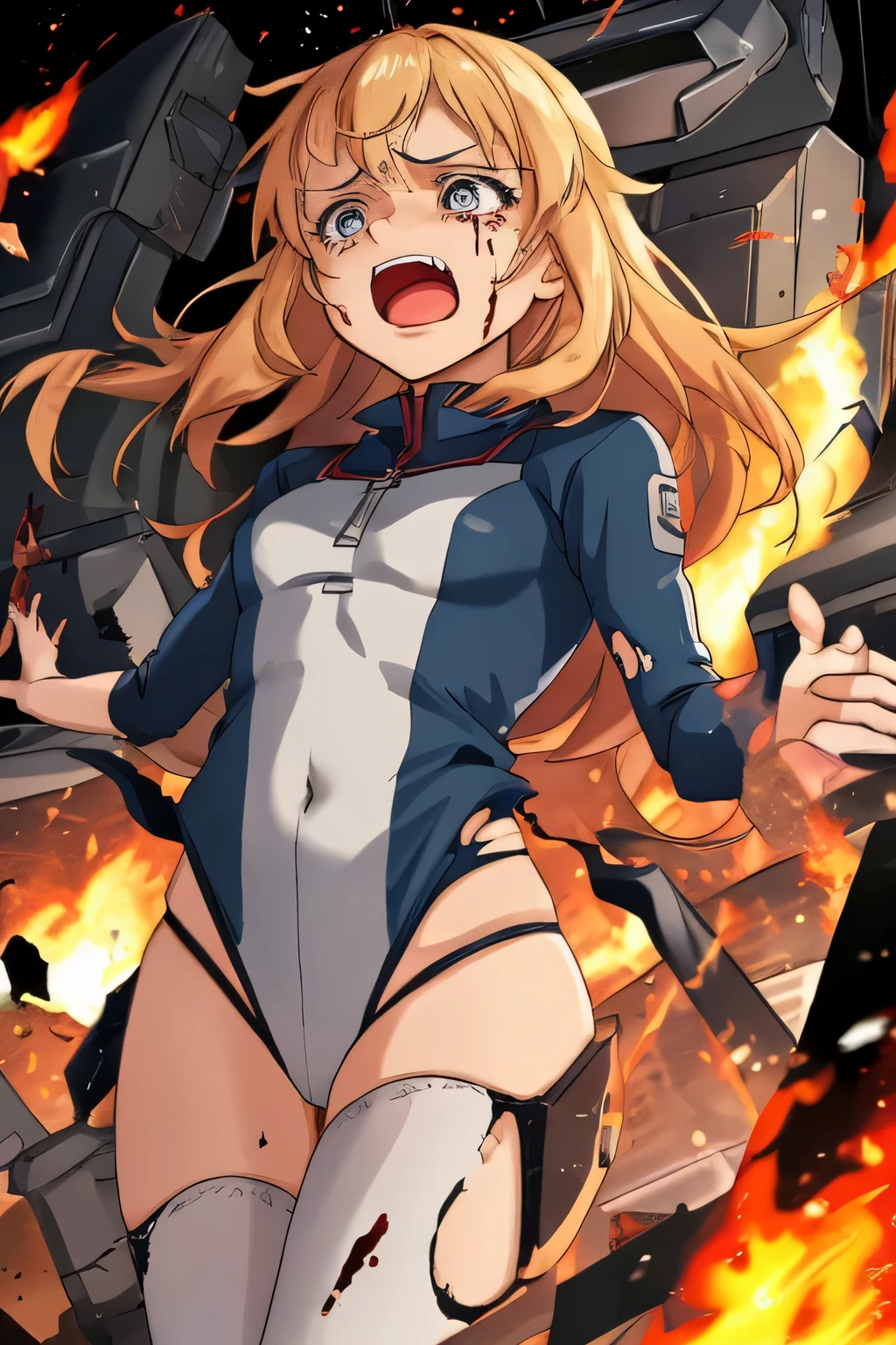cockpit_explosion, fire, electricity, screaming, explosion, science fiction, wide-eyed, tearing clothes, standing, blood, scared, sweat, crying, mecha, torn clothes, tears, cockpit,1girl、wearing black gymnastics bloomers,high leg,white blouse,cowboy shot,self wedgie,bloomers pull myself,後ろに寄りかかる、体を反らせる、後ろに反らせる、串刺し、体を後ろに反らせる、エビ反り,爆風、衝撃、破壊、吹き飛ぶ、消滅、焼き尽くされる