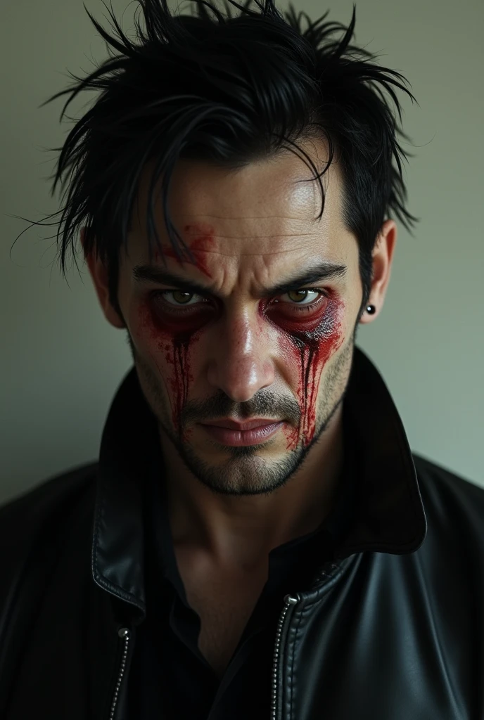 A devil with cute and creepy smile, with mid long hair . Some amount blood coming out of his his face , looking greedy , having beautiful eye and handsome face 
