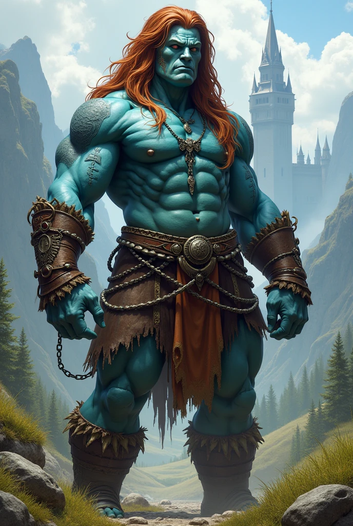 Create a highly detailed character illustration of "Itzanma," a towering and muscular Goliath standing nearly 2.5 meters tall. Her presence is both imposing and proud, with jade-green eyes that convey a deep sense of confidence. Her skin is a typical gray of her race, resembling stone, with darker streaks that add to her rugged appearance. She has fiery red hair and wears a mix of tribal and modern attire.

On one ear, she has bone earrings, while a feather adorns the other. Around her neck is a leather collar, and her biceps are wrapped with leather rings. Her upper body is clad in a tight, tanned leather top, and she wears leather pants that match. A wide belt secures a dagger, a pouch, and various tools at her waist. Her feet are protected by a large pair of sturdy boots.

Itzanma's body is marked with significant tattoos: a bear paw over her heart, a swirling vortex on the palm of her right hand, and a sun on the back of her left hand. She also wears a modern-style blue leather coat, draped over her broad shoulders. Strapped to her back is an enormous, curved obsidian greatsword, wrapped in various bindings.

The character should be depicted in a powerful stance, exuding strength and confidence, with the environment complementing her tribal yet modern aesthetic.