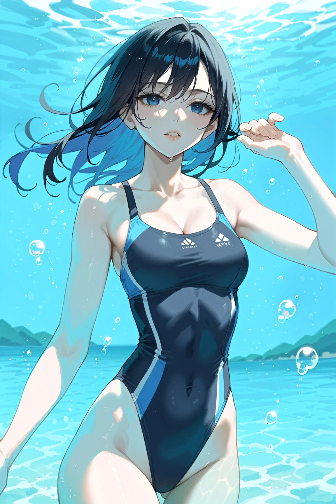 beautiful, masterpiece, best quality, hiqcgbody, anime, 1girl, medium breasts, olympic swimmer, transparent and Clear black swimsuit, portrait shot, looking at viewer, partially submerged, outdoor pool, wet skin, intricate details,>,((covered
