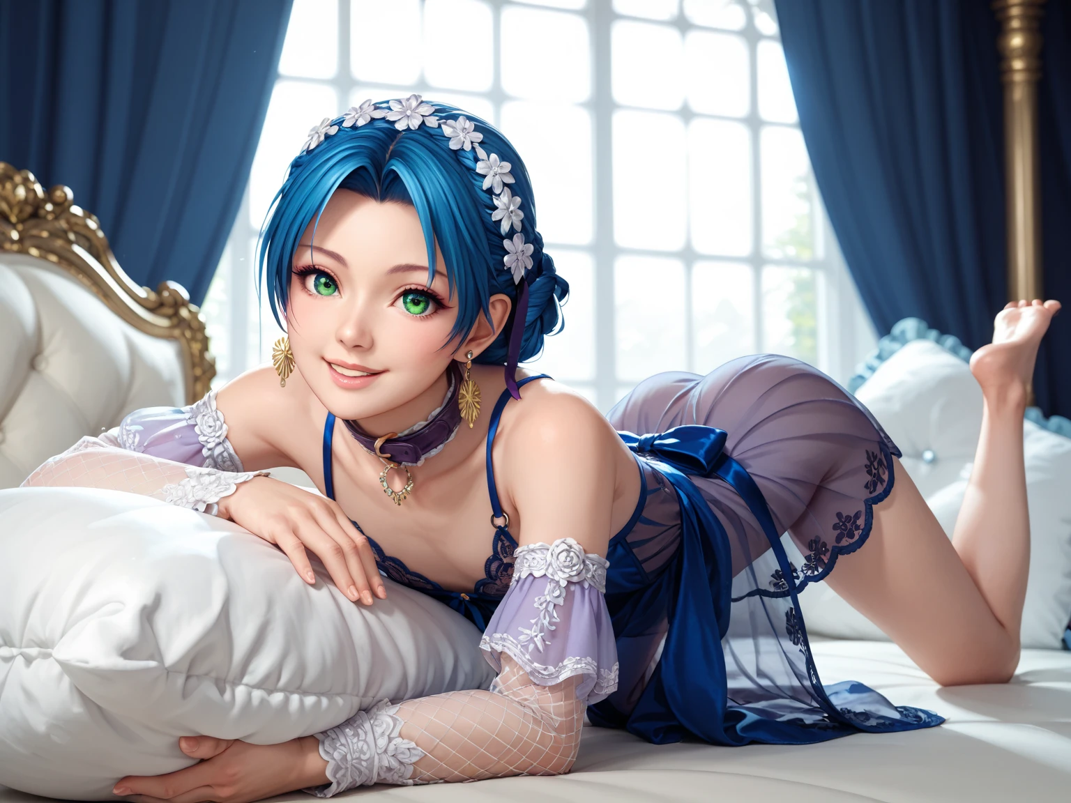 blue curly hair, looking at viewer, smiling seductively