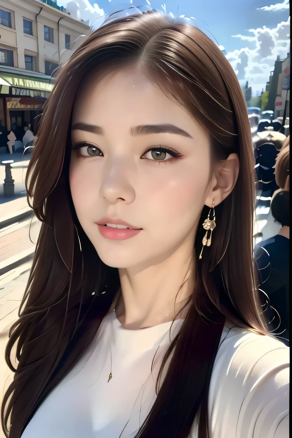 highest quality、4K、Beautiful lady、Perfect Face、Perfect Style、perfect body、Sunburn、beautiful lady、mature、long curly layer brown hair、Swept-back hair、full body, sexy 、charming、healthy、
BREAK（in Paris,in front of the Eiffel Tower,retro,facing the camera,fun atmosphere,vintage fashion,tourist spot,bright daylight,clear sky,moment of joy,vibrant,stylish,senth of depth,long shot）