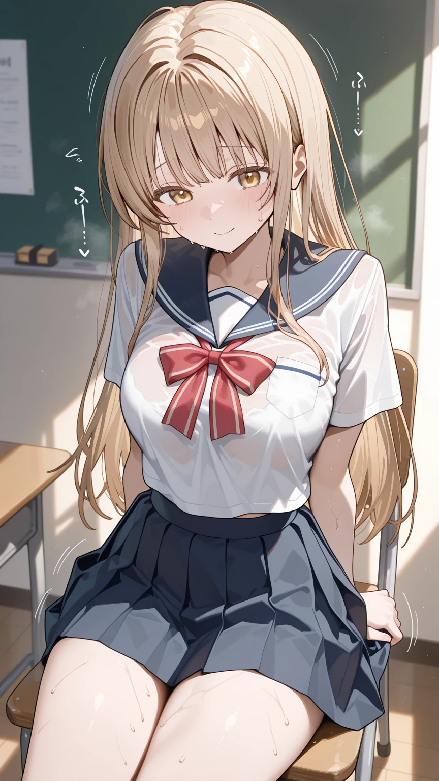 top-quality、supreme1People Girls,hightquality,A detailed face、A detailed eye、Detailed nose、Detailed mouth、 Beautiful expression, ((masuter piece)), ((High resolution)), ((Best Quality)), detail, (NSFW:1.4 ,With a disgusting face,Glaring at this), ((Skin shiny with sweat)), (School Athletic Clothes:1.2、Loose socks)、 girl with, a blond, (Half Twin Tail)、Sit at a desk and open your legs:1.3、fair white skin:1.3、、Smaller chest, cinmatic lighting, perfectly shaded,(((Classroom))), Realistic lighting with shades,Reflecting the whole body