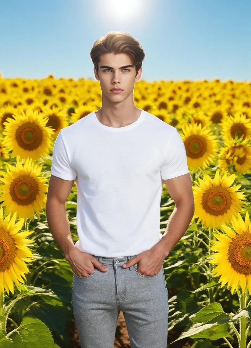 Young handsome cute beautiful skinny white face without shirt  con un jirasol en un campo de girasol cowboy recogiendo girasoles