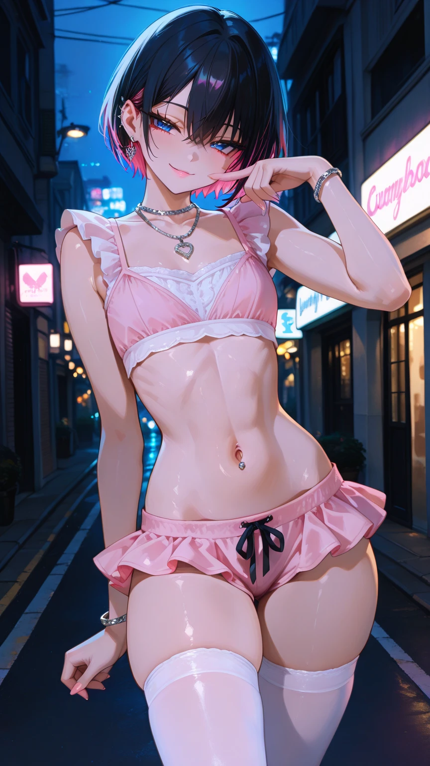 persona 5 art style、Persona 5 Style、Kasumi Yoshizawa、Yoko Asagiri、Full body like、high-level image quality、poneyTail、small tits 、Bangs、Smooth thighs、Patsun、top-quality、The ultra -The high-definition、Fine eyes、Slender legs、Fine and beautiful eyes、a white bikini、stick out buttocks、Pink hair、