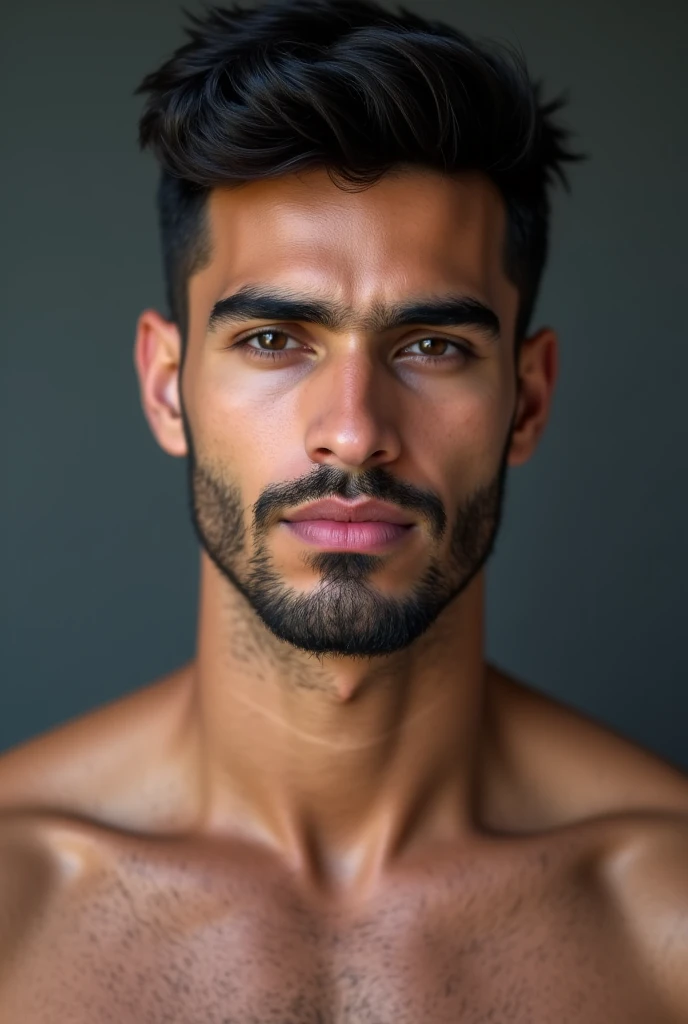 A man with disheveled dark hair, Brown eyes, olive skin, angular jaw and well-shaped mouth