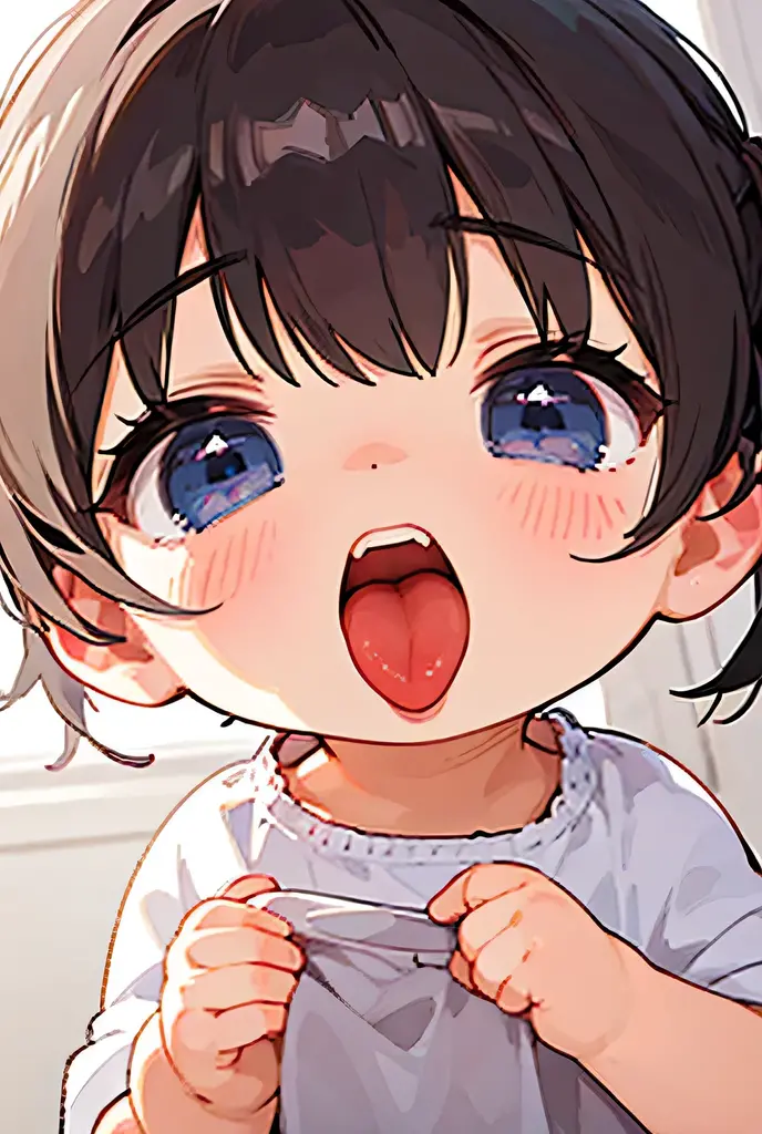And soul、Stickers、1 Beautiful Girl、Chibi、(((Baby Face、Full body photo、tongue、long tongue、sticking out the tongue、Show inside of mouth、Open your mouth wide and show me your throat)))、blush、lipstick、On all fours、short hair