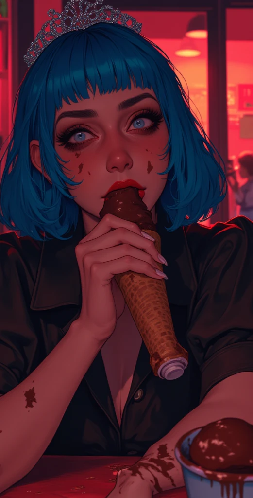 punk girl, green hair, sexy, in the middle of a small candy store, gives a blowjob to a boy with a penis, mouth full, entire penis in her mouth, facial cumshot, semen, a lot of semen, cumshot the face, art by Bill Sienkiewicz, intricate details, oil painting.
